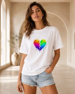 Woman wearing a white t-shirt with a colorful heart design in a bright room.