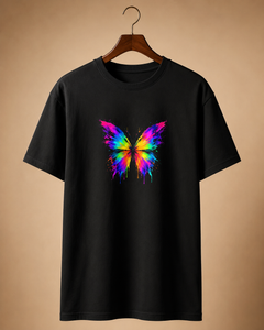 Black t-shirt with a colorful butterfly design on a beige background