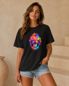 Woman wearing a black t-shirt with a colorful skull design in an indoor setting.