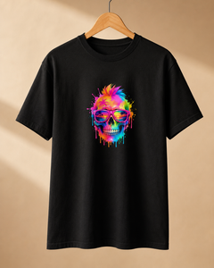 Black t-shirt with a colorful skull design on a beige background