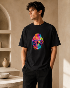 Man wearing a black t-shirt with a colorful skull design in a room with beige walls and shelves.