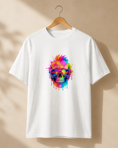 White t-shirt with a colorful skull design on a beige background