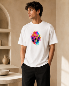 Man wearing a white t-shirt with a colorful skull design in a neutral setting.