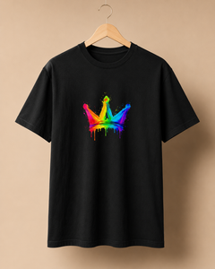 Black t-shirt with a colorful crown design on a beige background