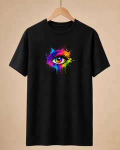 Black t-shirt with a colorful eye design on a beige background