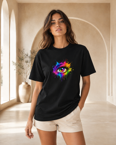 Woman wearing a black t-shirt with a colorful eye design in a bright room.