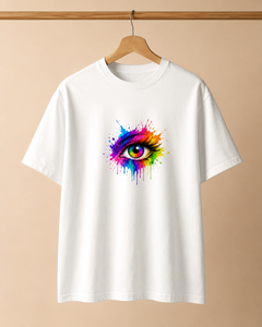 White t-shirt with a colorful eye design on a beige background