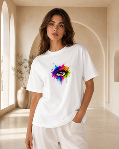 Woman wearing a white t-shirt with a colorful eye design in a bright room.