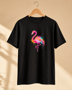 Black t-shirt with a colorful flamingo design on a beige background