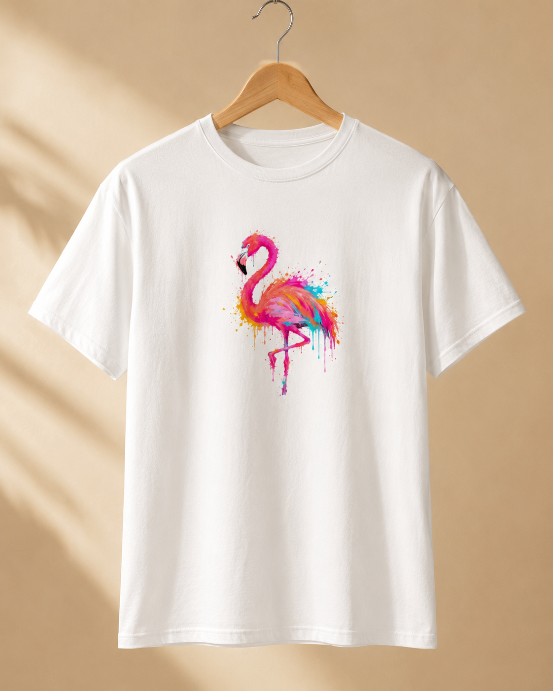 White t-shirt with a colorful flamingo design on a beige background