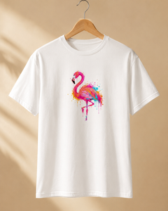 White t-shirt with a colorful flamingo design on a beige background