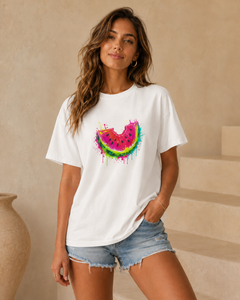 Woman wearing a white t-shirt with a colorful watermelon design in a casual setting.