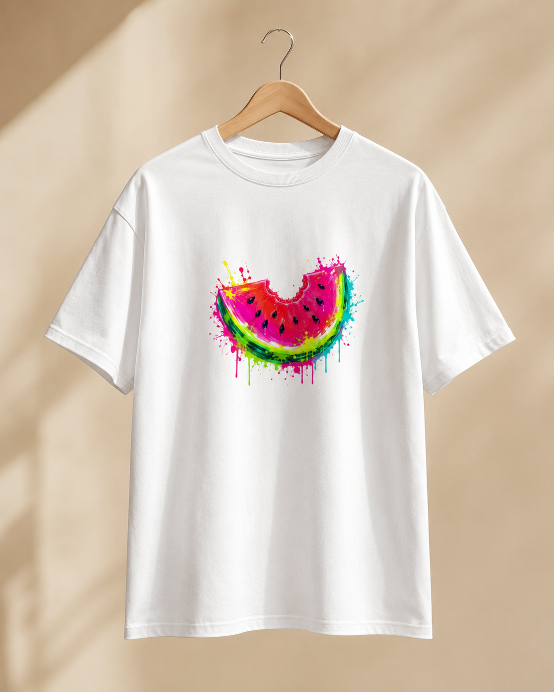 White t-shirt with a colorful watermelon design on a beige background