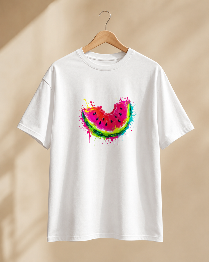 White t-shirt with a colorful watermelon design on a beige background