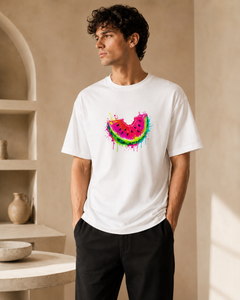 Man wearing a white t-shirt with a colorful watermelon design in a neutral setting.