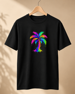 Black t-shirt with a colorful palm tree design on a beige background