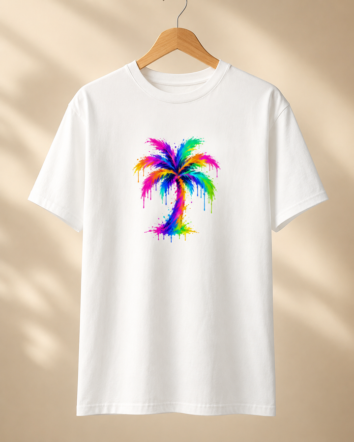 White t-shirt with a colorful palm tree design on a beige background