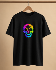 Black t-shirt with a colorful skull design on a beige background