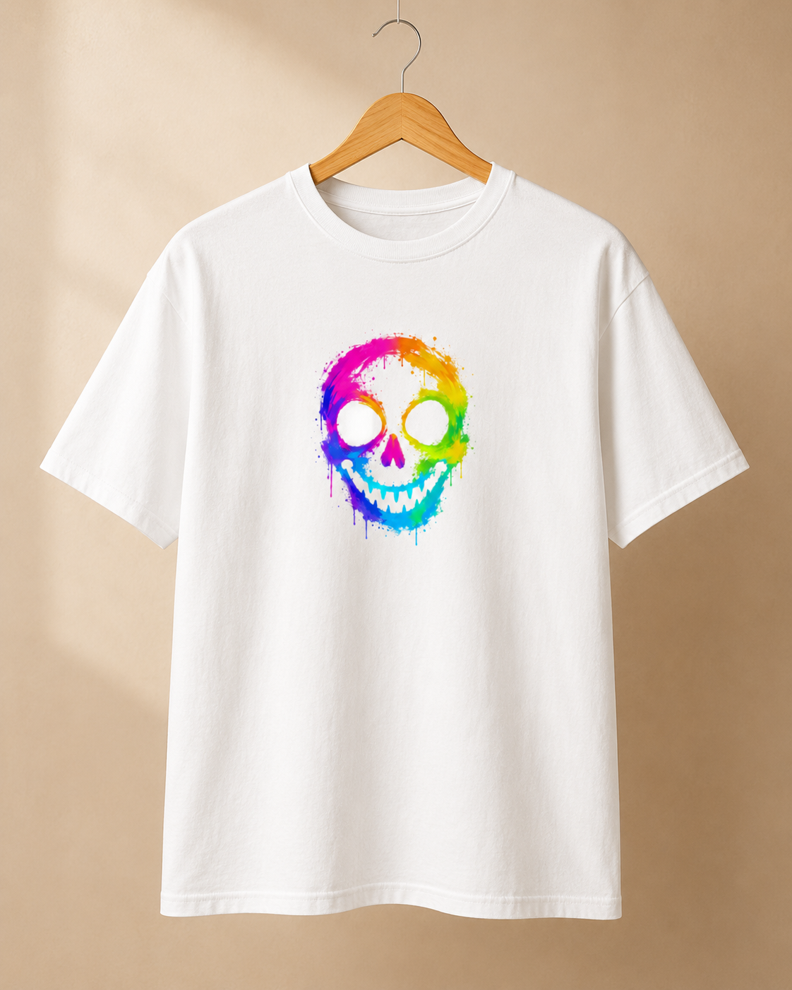 White t-shirt with a colorful skull design on a beige background