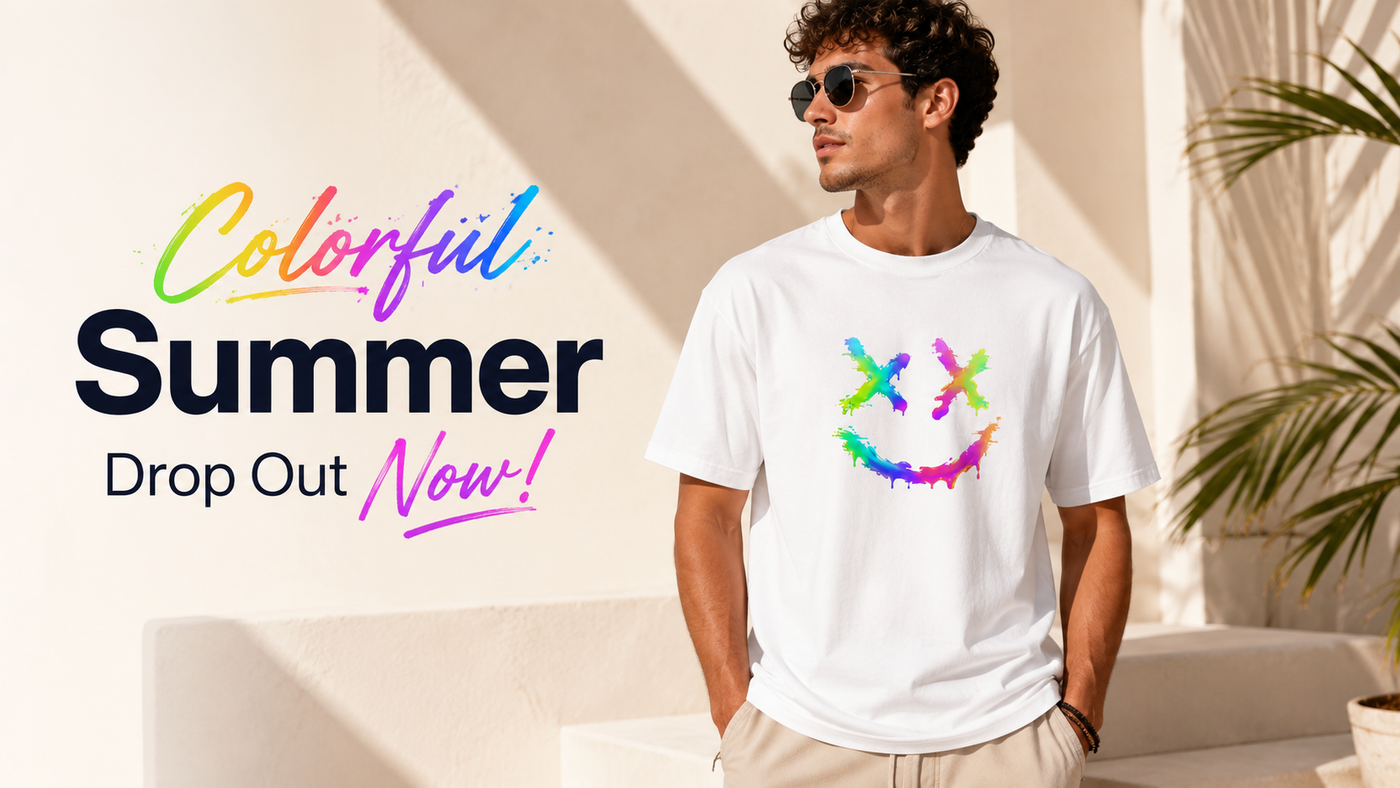 Man wearing a white t-shirt with a colorful smiley face design, standing outdoors with text 'Colorful Summer Drop Out Now' on a light background.