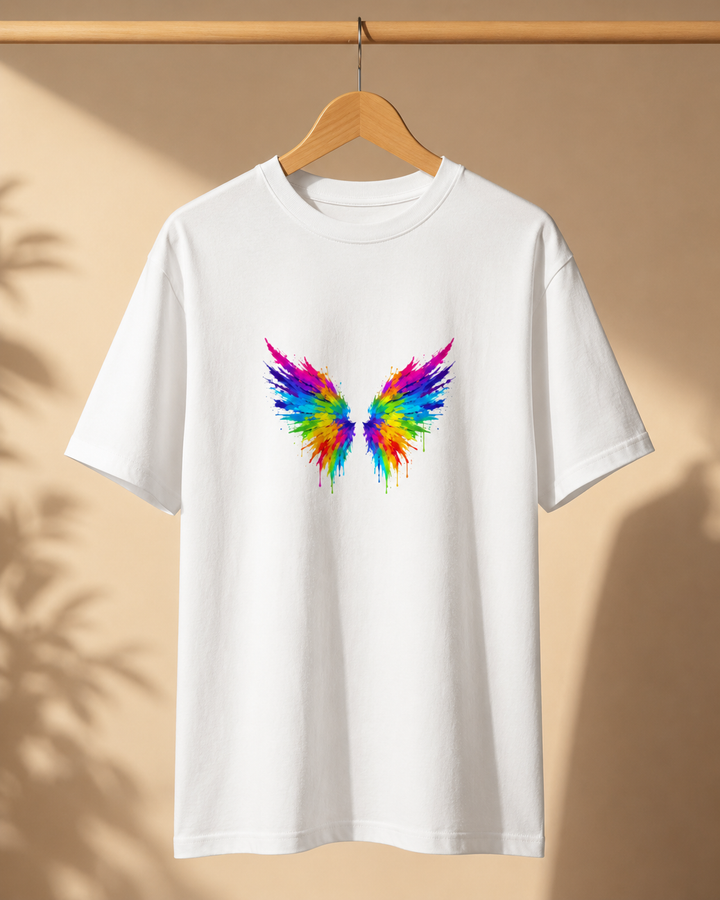 White t-shirt with colorful wing design on a beige background