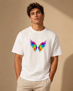 Man wearing a white t-shirt with a colorful butterfly design on a beige background